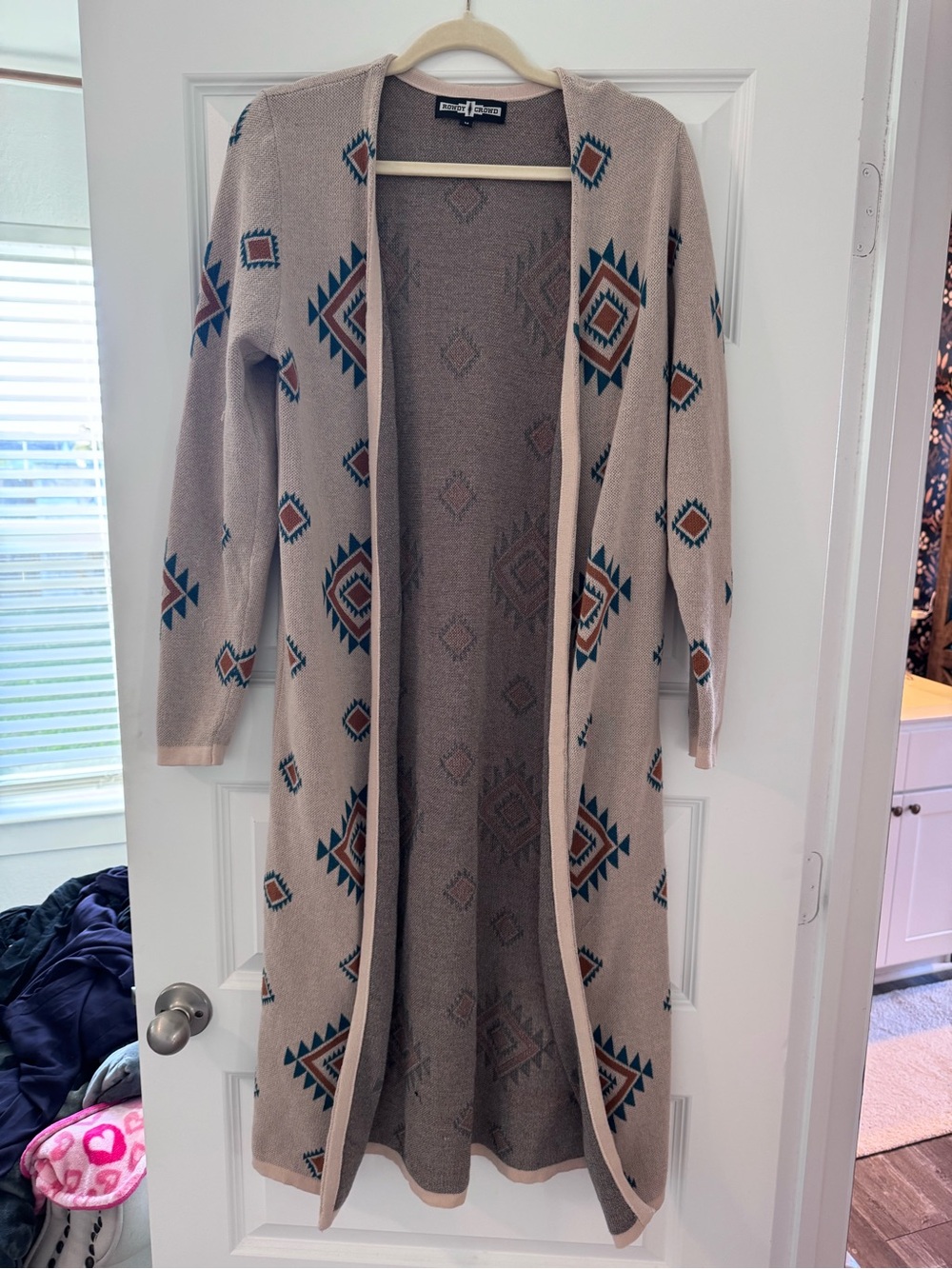 Long Open-Front Aztec Cardigan in Beige with Teal & Rust Accents